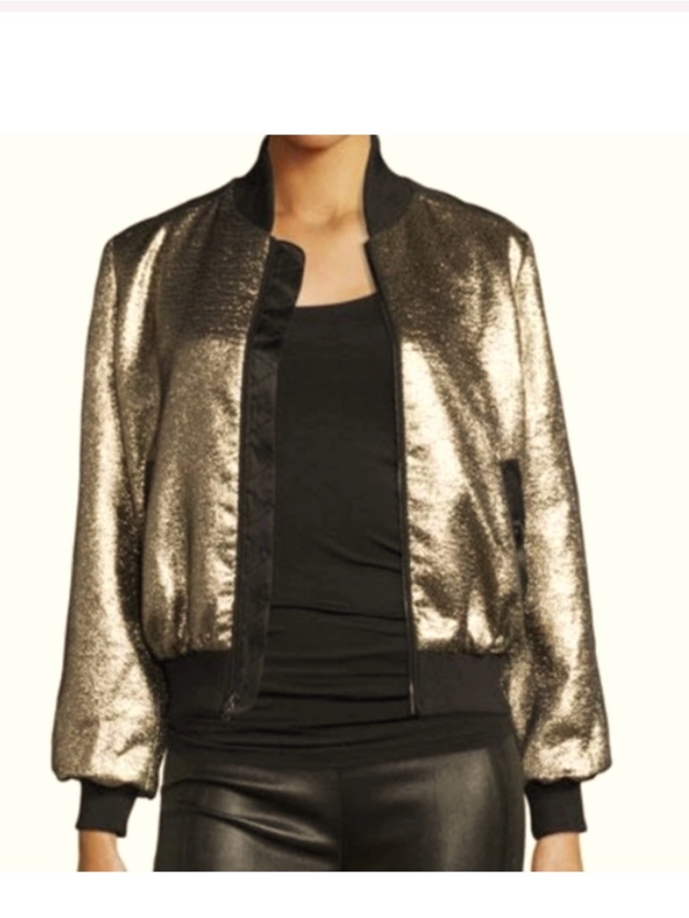 Cinq a Sept Metallic Gold Bomber Jacket with Black Trim